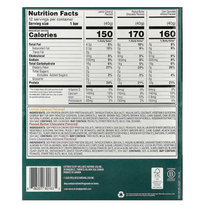 SimplyProtein Vegan Protein Bar Nutrition Facts label showing calories, protein, fibre and sugar per bar