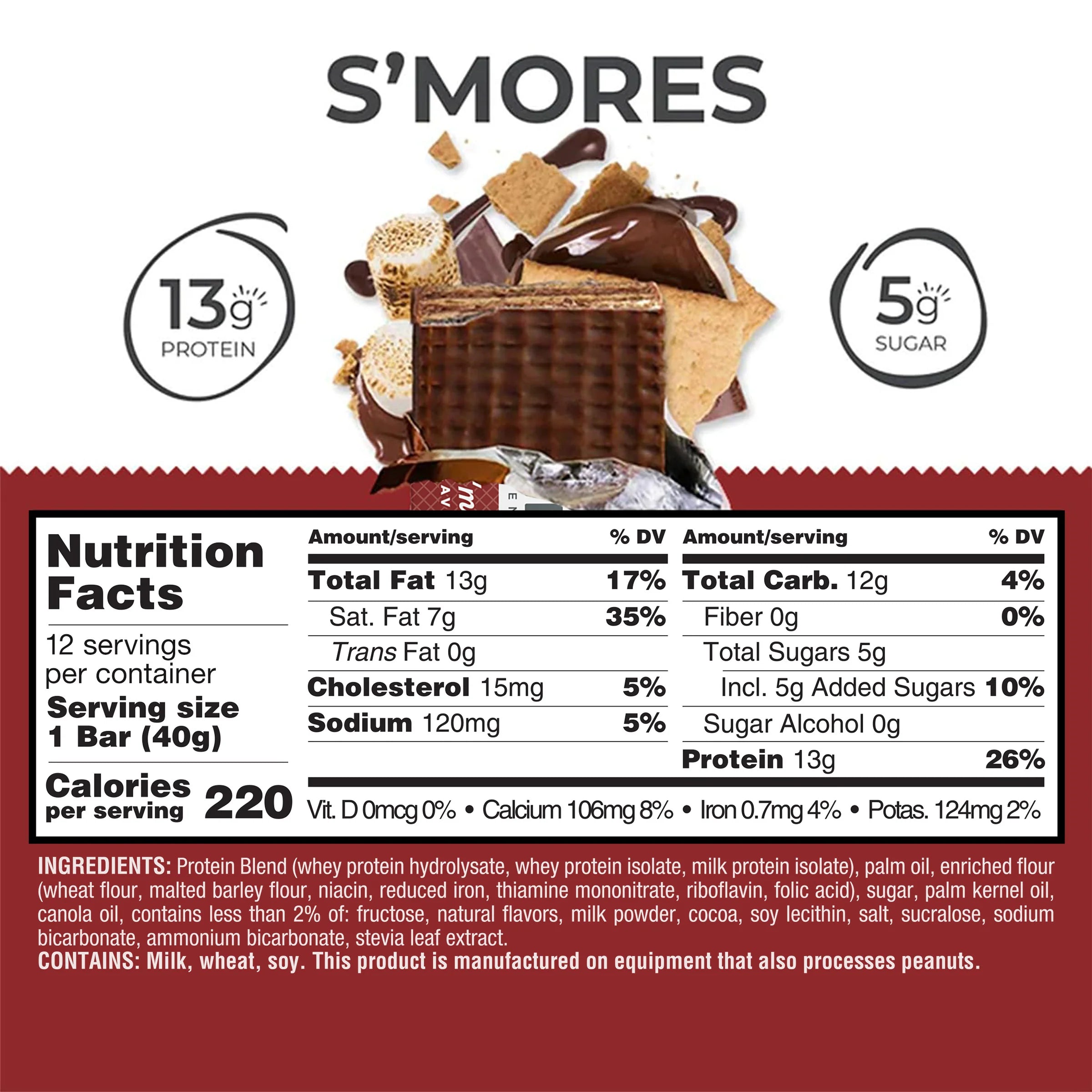 Power Crunch Protein Bar S'mores Nutrition Facts label — 13g protein, 5g sugar per 40g bar