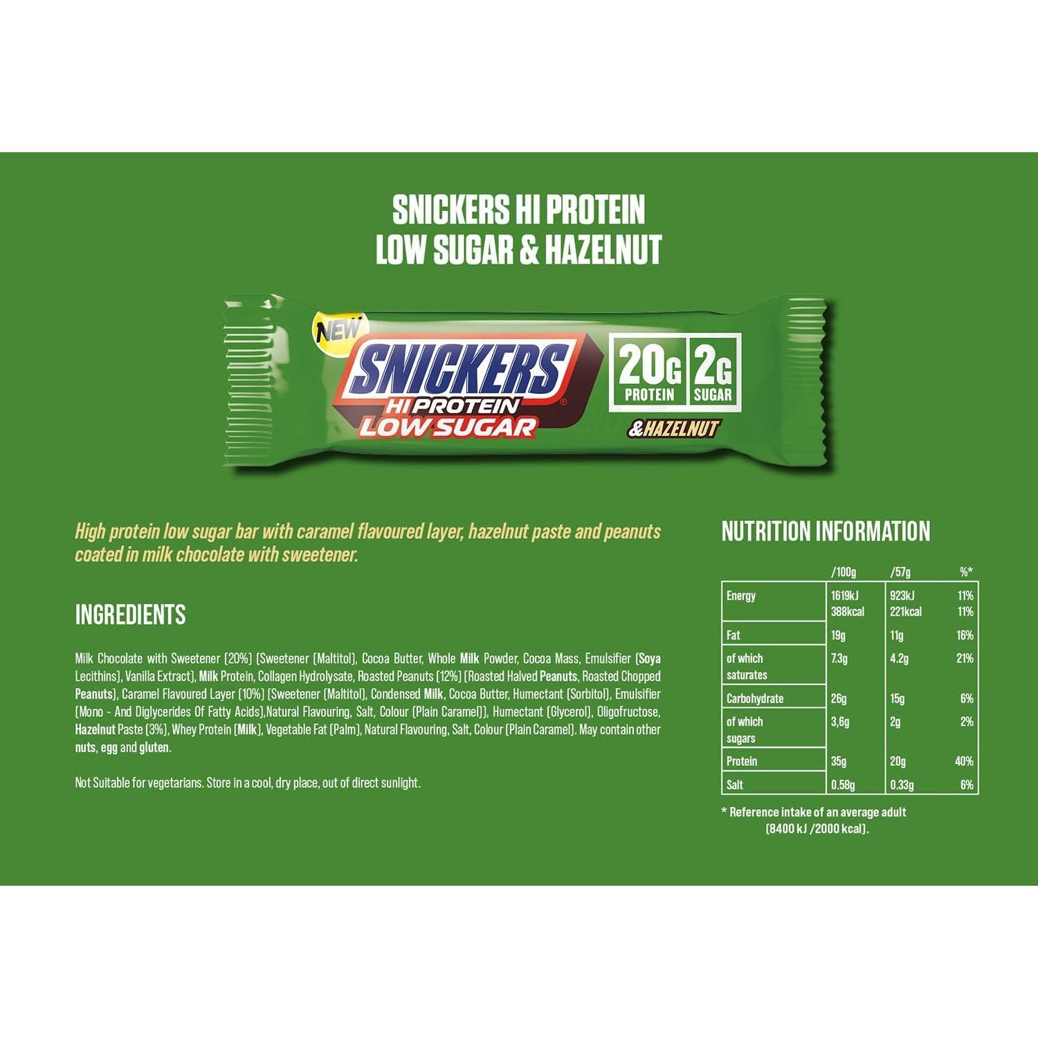 Snickers Hi-Protein Low Sugar & Hazelnut Nutrition Facts label — 20g protein, 2g sugar per bar