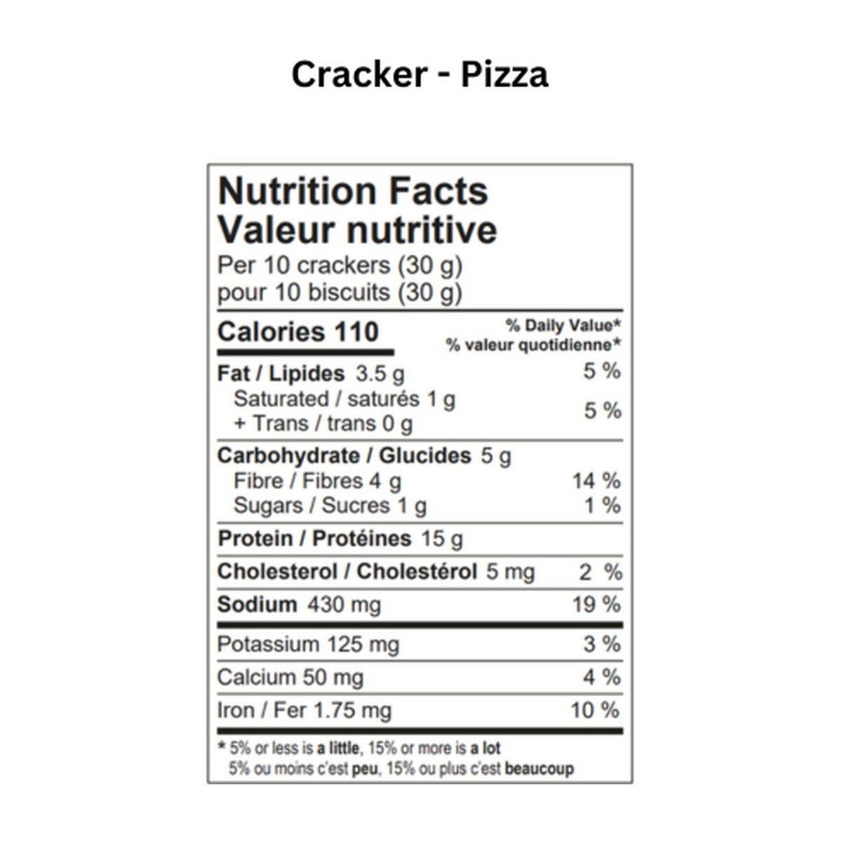 Swedish Protein Deli Grain-Free Protein Crackers Pizza flavor bilingual Nutrition Facts panel on white