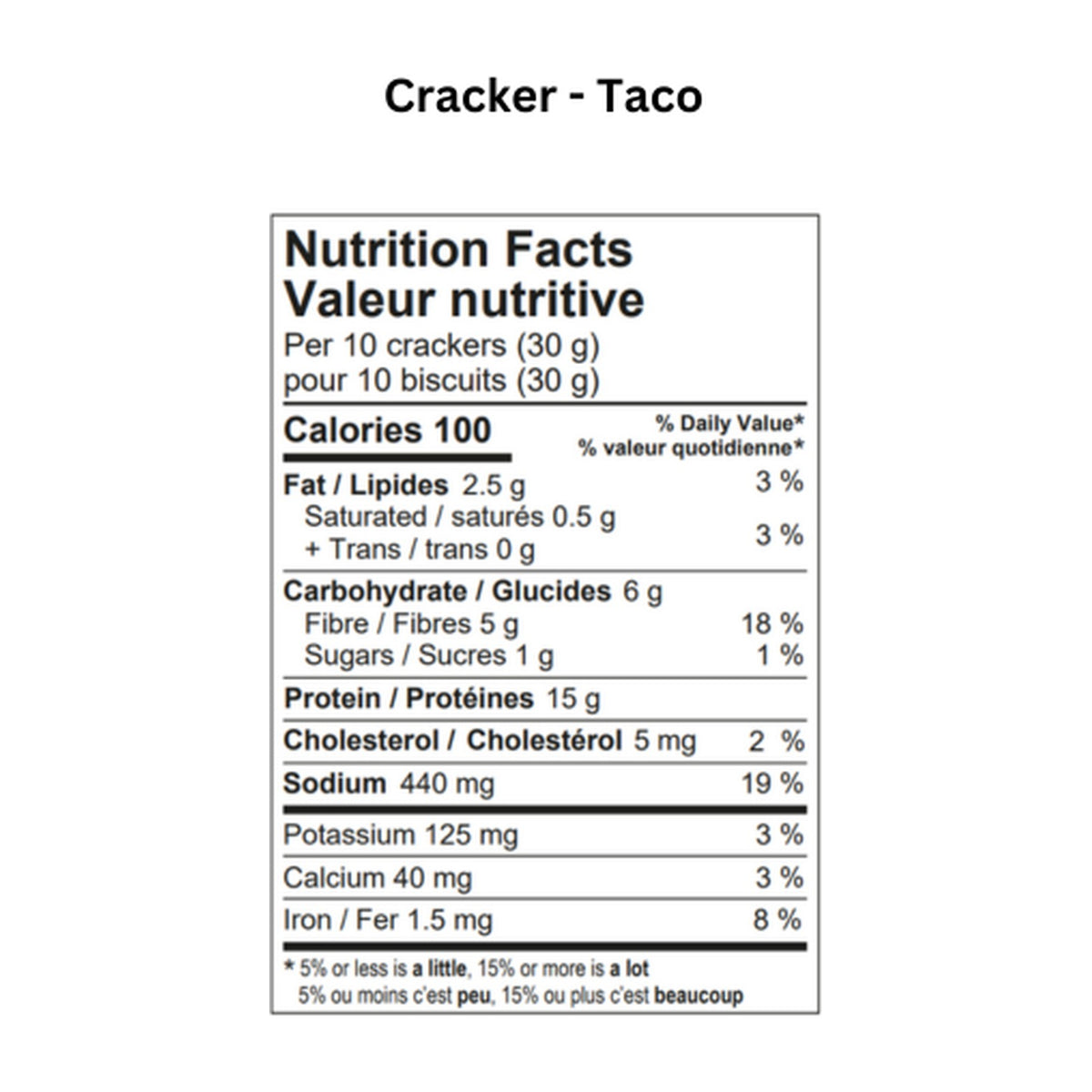 Swedish Protein Deli Grain-Free Protein Crackers Taco flavor bilingual Nutrition Facts panel on white