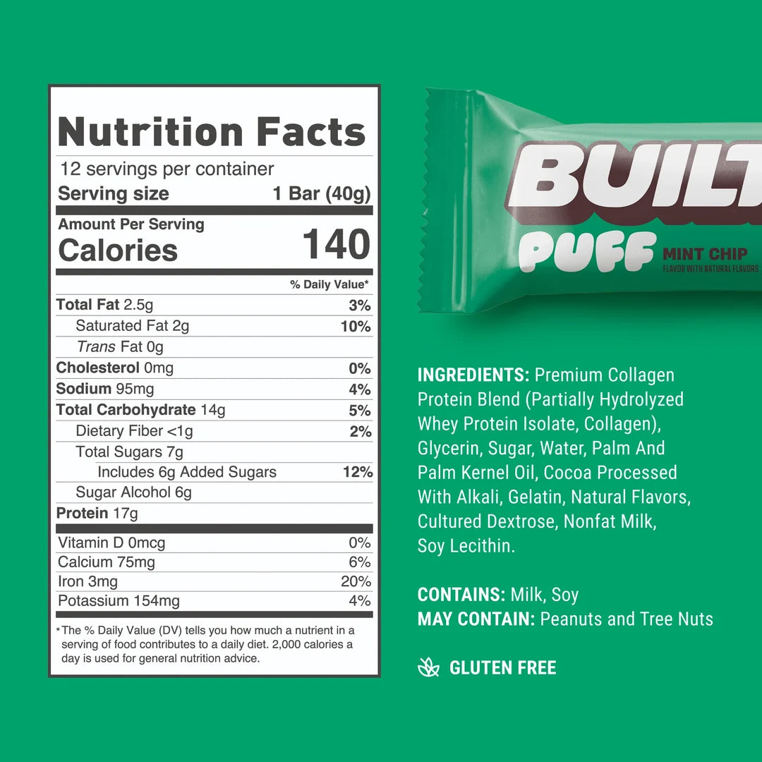 Nutrition Facts and ingredients for Built Puffs Mint Chip protein bar — 140 calories, 17g protein, gluten-free