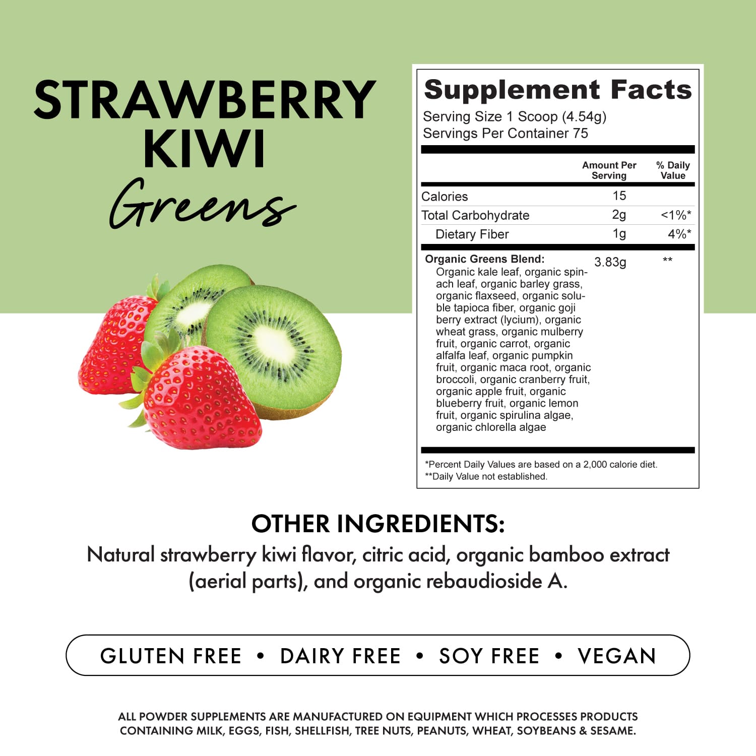 Bowmar Nutrition Greens Supplement Facts label — 75 servings, 23 organic greens
