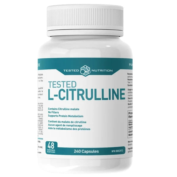 Tested Nutrition L-Citrulline bottle — 600 mg citrulline malate per capsule, 240 caps for pumps and endurance