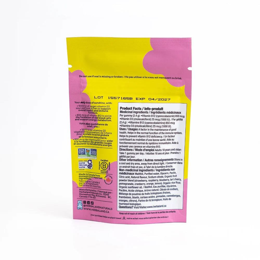 Herbaland Vegan D3 & B12 Gummies (Travel Size 10 gummies)