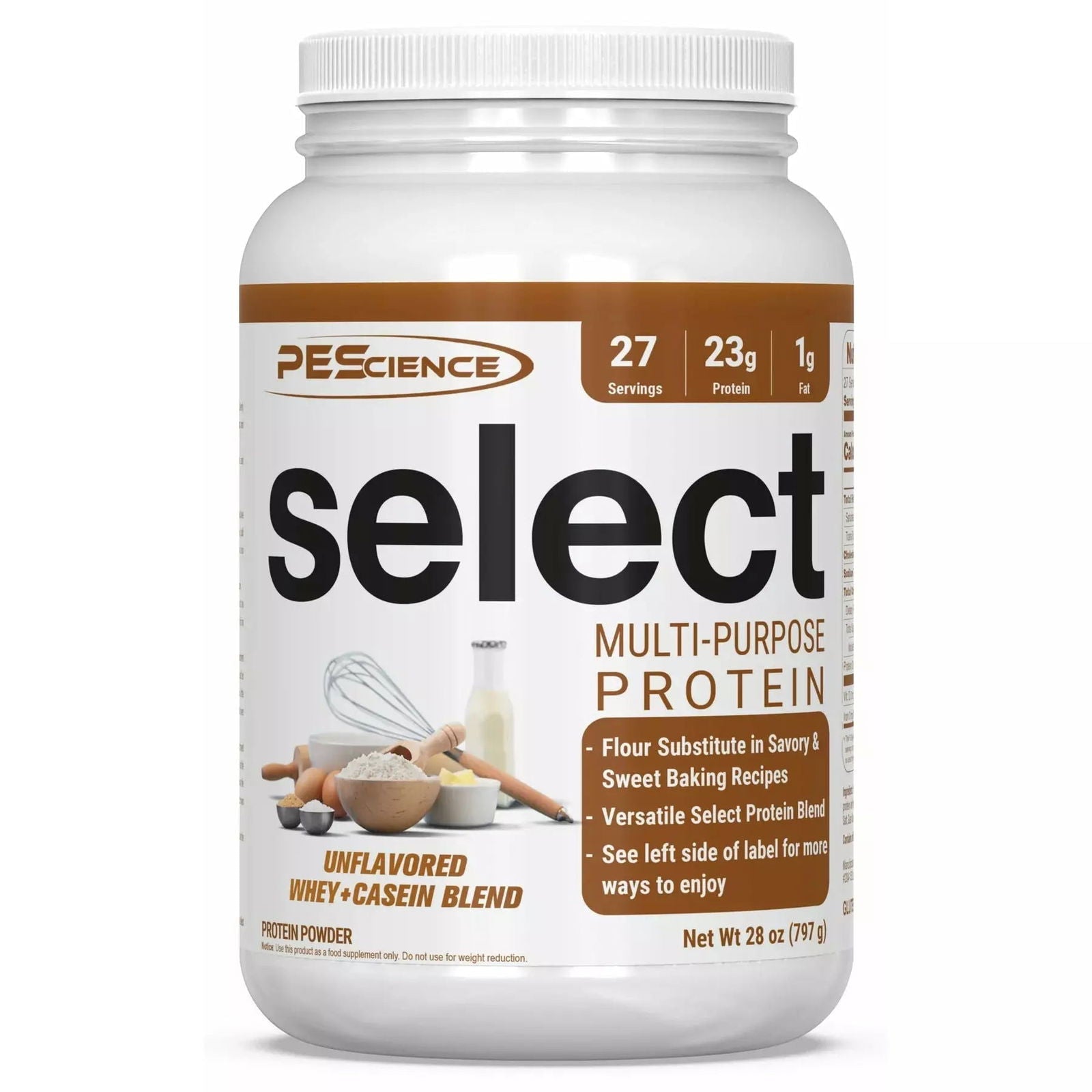 Tub of PEScience Select Unflavoured Multi-Purpose Protein Baking Powder used to make 3-ingredient high-protein bagels