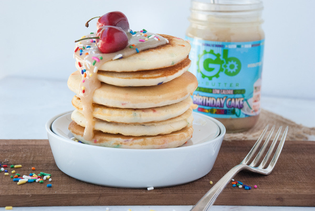 G Butter Birthday Cake Protein Pancakes - high-protein recipe with G Butter from Top Nutrition & Fitness Canada