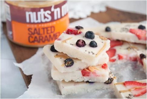 Nuts 'n More Salted Caramel Peanut Butter Yogurt Bark - high-protein recipe with Nuts 'n More from Top Nutrition & Fitness Ca
