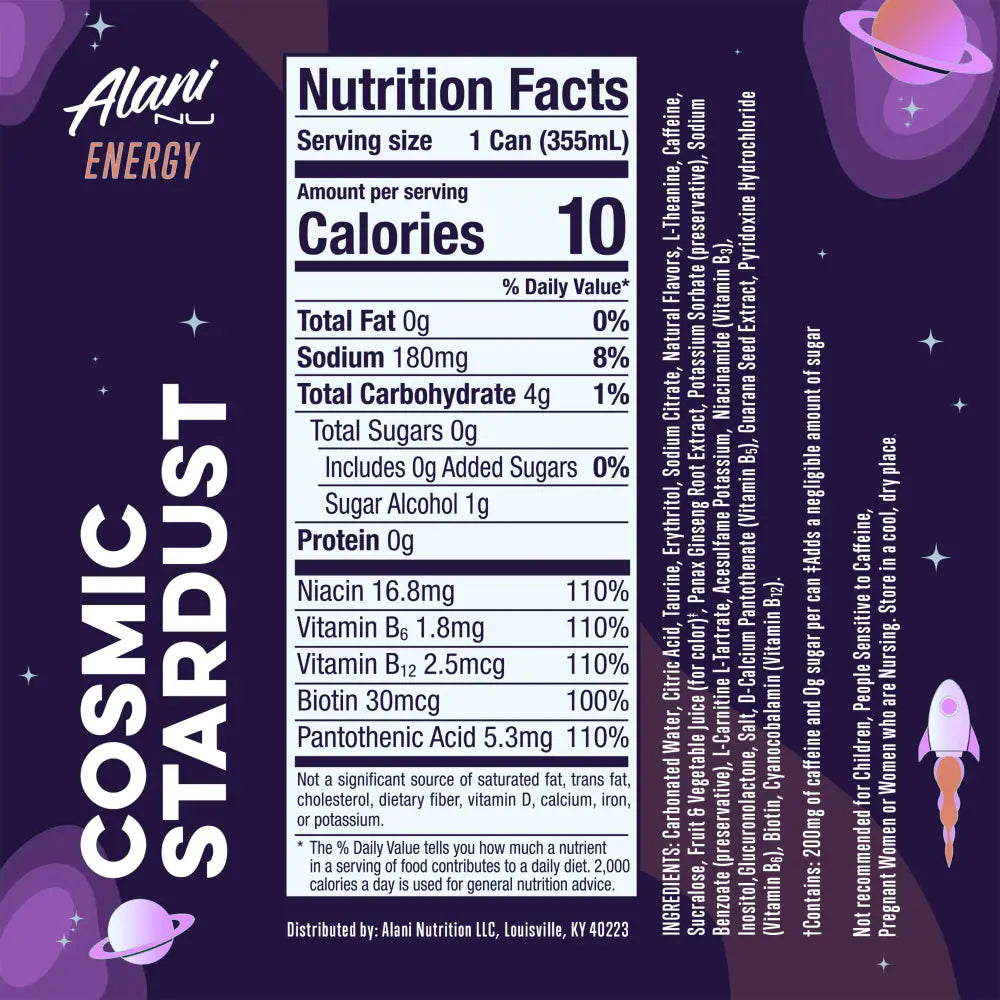 Alani Nu Energy Cosmic Stardust — Nutrition Facts label, 355 mL can, 200mg caffeine