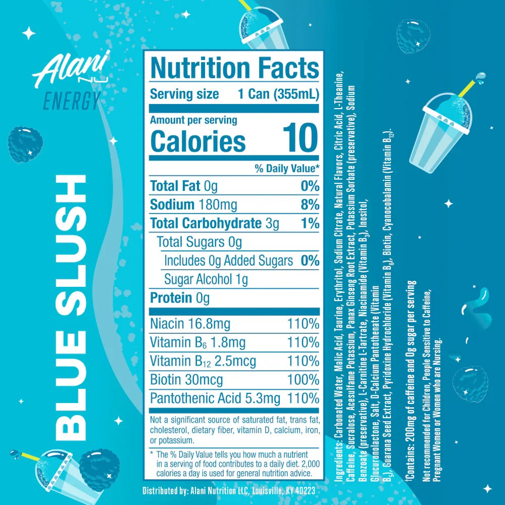 Alani Nu Energy Blue Slush — Nutrition Facts label, 355 mL can, 200mg caffeine