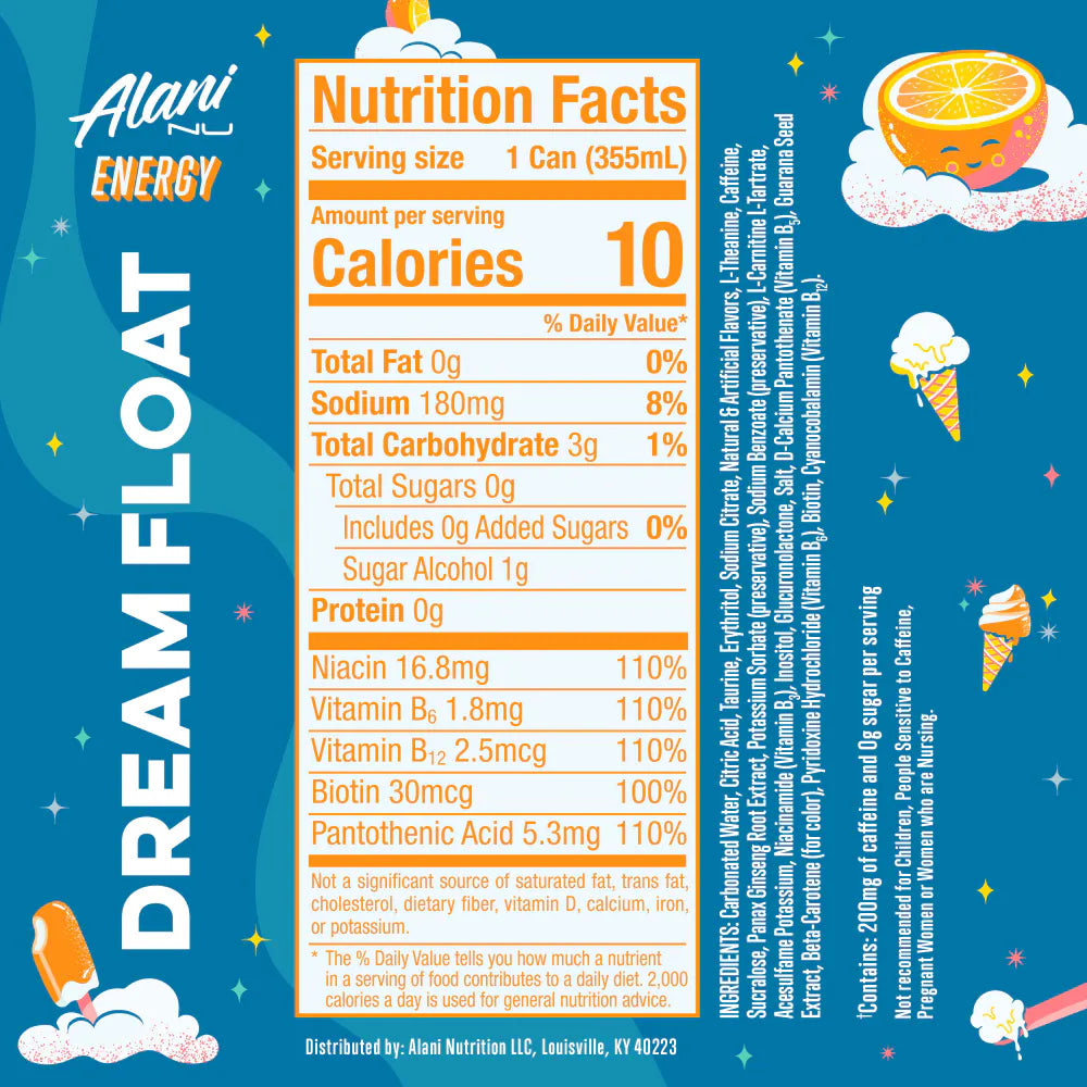 Alani Nu Energy Dream Float — Nutrition Facts label, 355 mL can, 200mg caffeine
