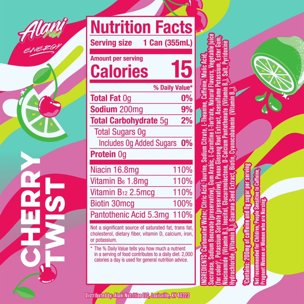 Alani Nu Energy Cherry Twist — Nutrition Facts label, 355 mL can, 200mg caffeine