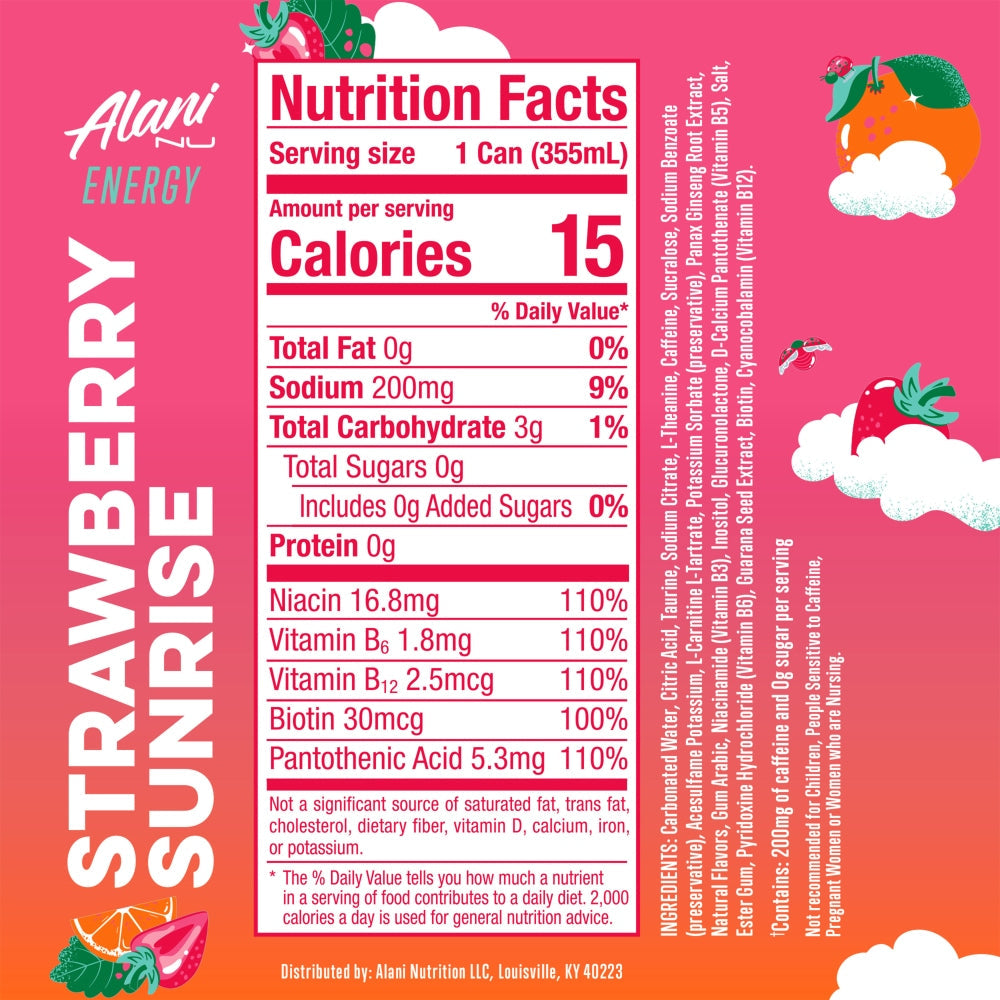 Alani Nu Energy Strawberry Sunrise — Nutrition Facts label, 355 mL can, 200mg caffeine