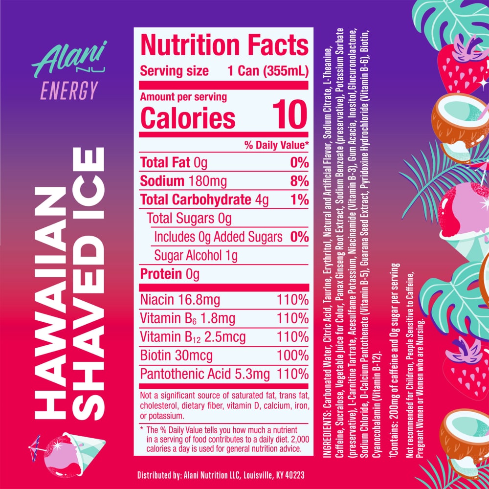 Alani Nu Energy Hawaiian Shaved Ice — Nutrition Facts label, 355 mL can, 200mg caffeine