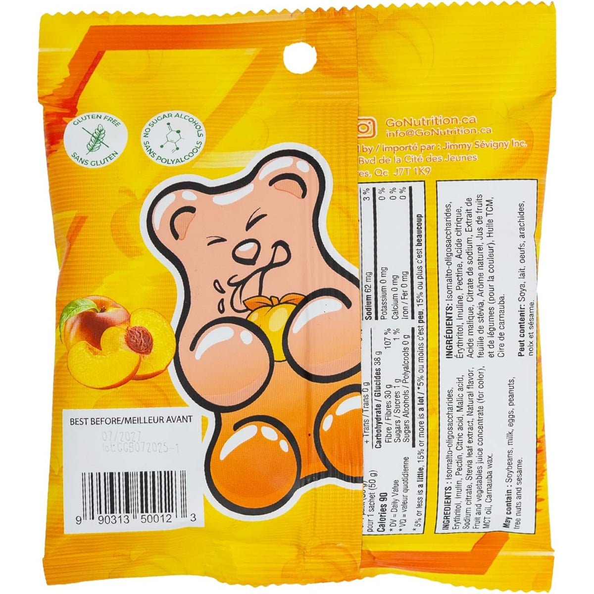 Back of Go Nutrition GF Go Gummies pouch showing peach gummy bear, gluten free and no sugar alcohols