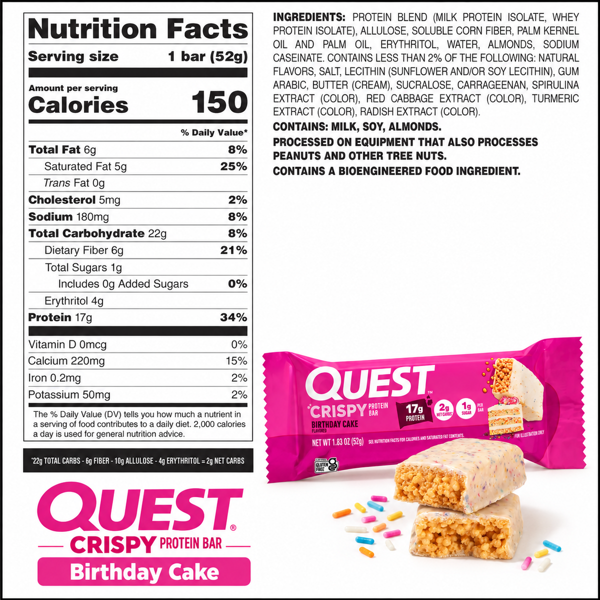 Quest Nutrition Hero Crispy Protein Bar box of 12, crispy candy-style bars with 15-18g protein, 1g sugar