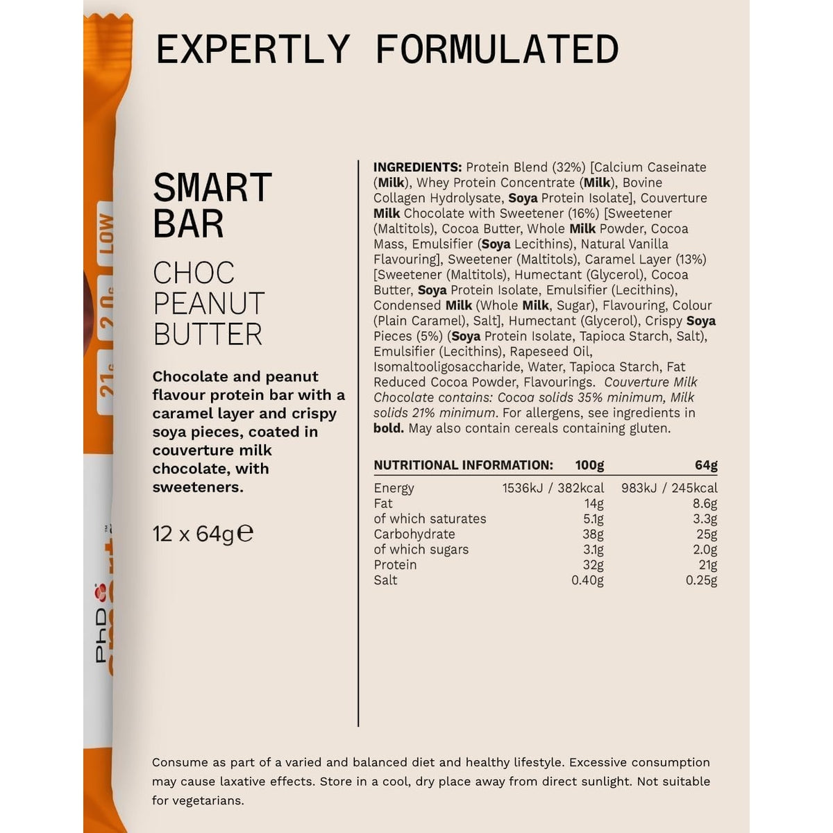 PhD Smart Choc Peanut Butter protein bar Nutrition Facts and ingredients panel, 12 x 64g