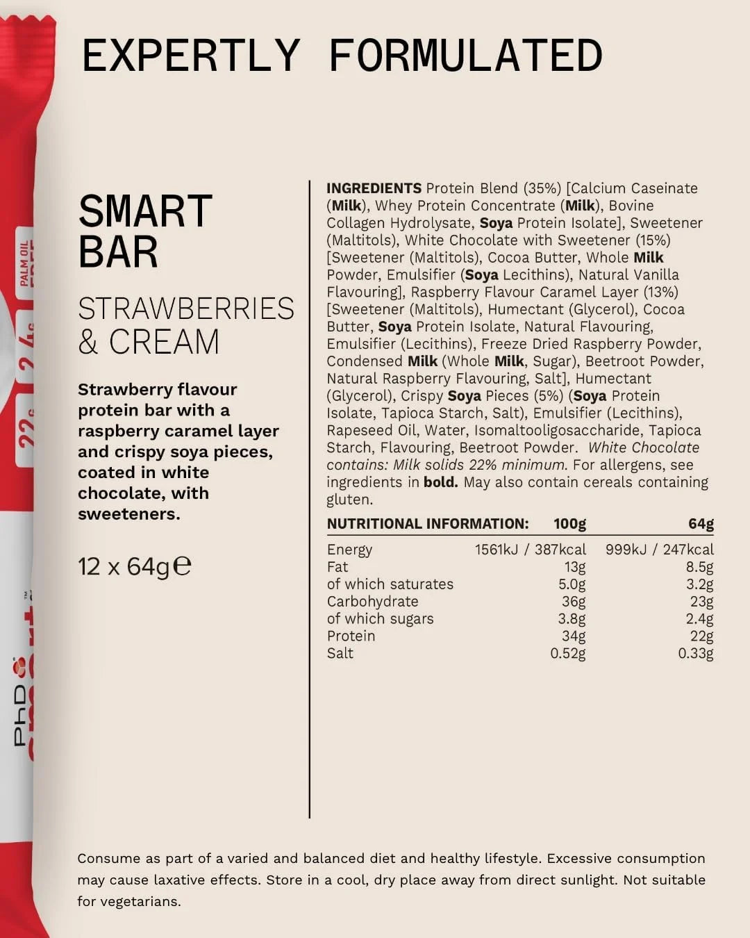 PhD Smart Strawberries and Cream protein bar Nutrition Facts and ingredients panel, 12 x 64g