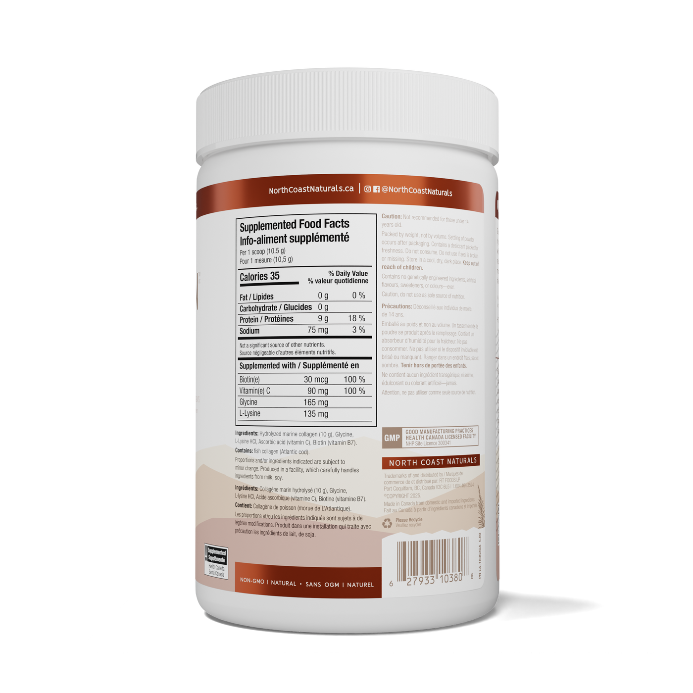 North Coast Naturals Marine Collagen Powder Supplement Facts label — 250g unflavoured
