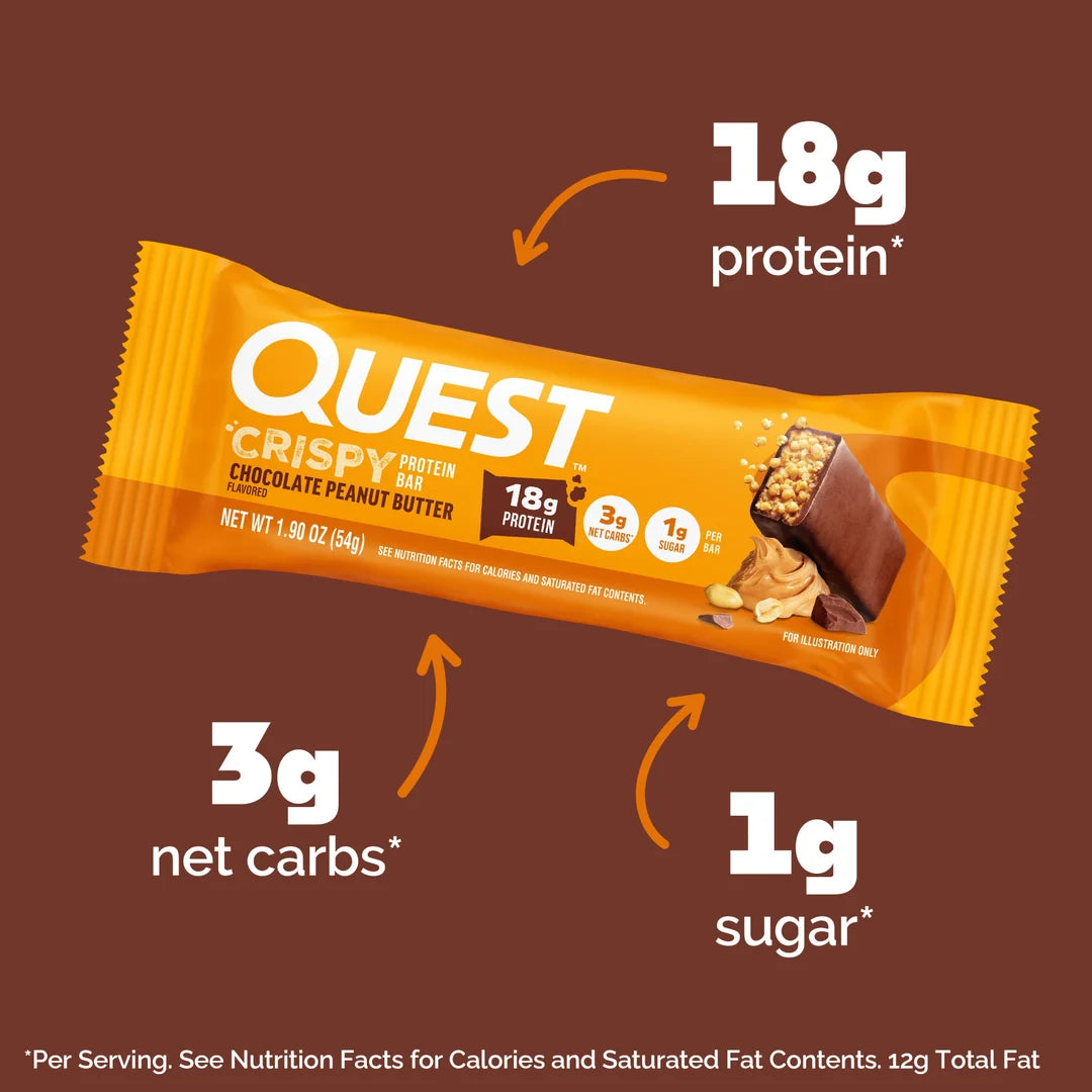 Quest Hero Crispy Protein Bar Nutrition Facts panel and ingredients, 15-18g protein and 1g sugar