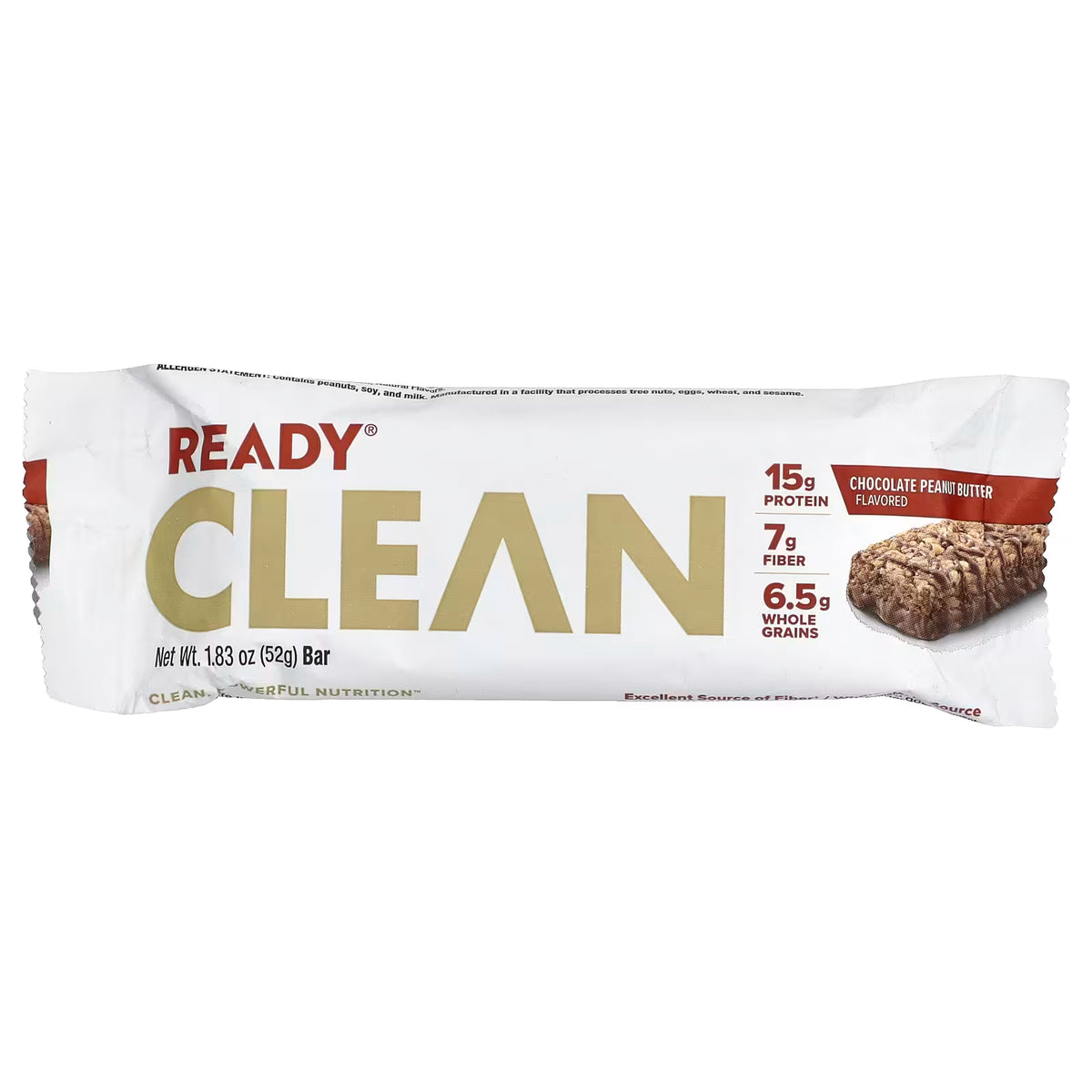 Ready Clean Chocolate Peanut Butter protein bar, single 52g wrapped bar front, 15g protein