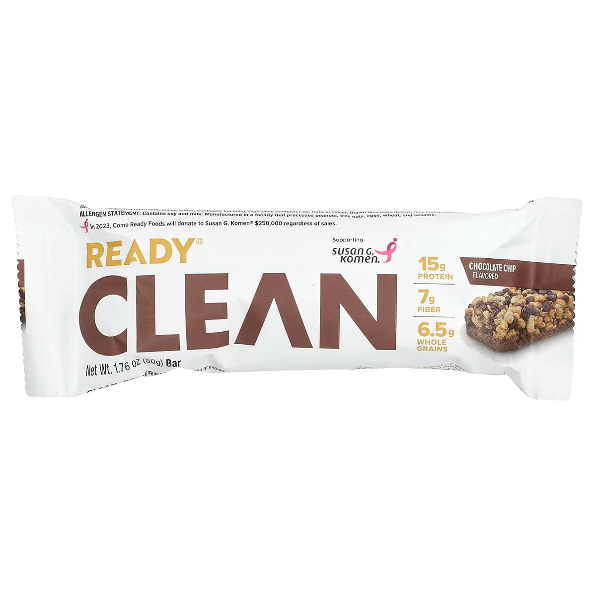 Ready Clean Chocolate Chip protein bar, single 50g wrapped bar front, 15g protein and 6.5g grains