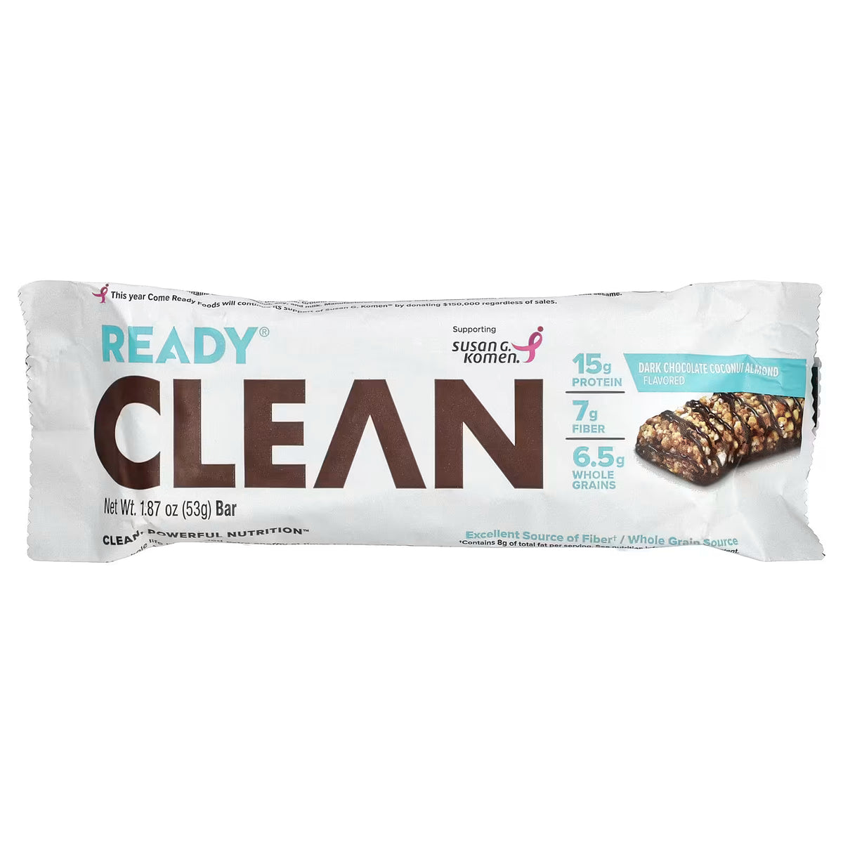 Ready Clean Dark Chocolate Coconut Almond protein bar, single 53g wrapped bar front, 15g protein