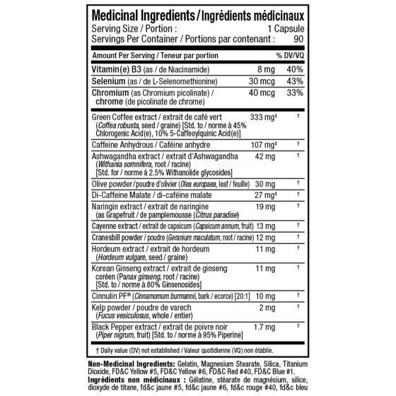 Allmax Rapidcuts Shredded 90 capsules — Medicinal Ingredients panel (English/French)