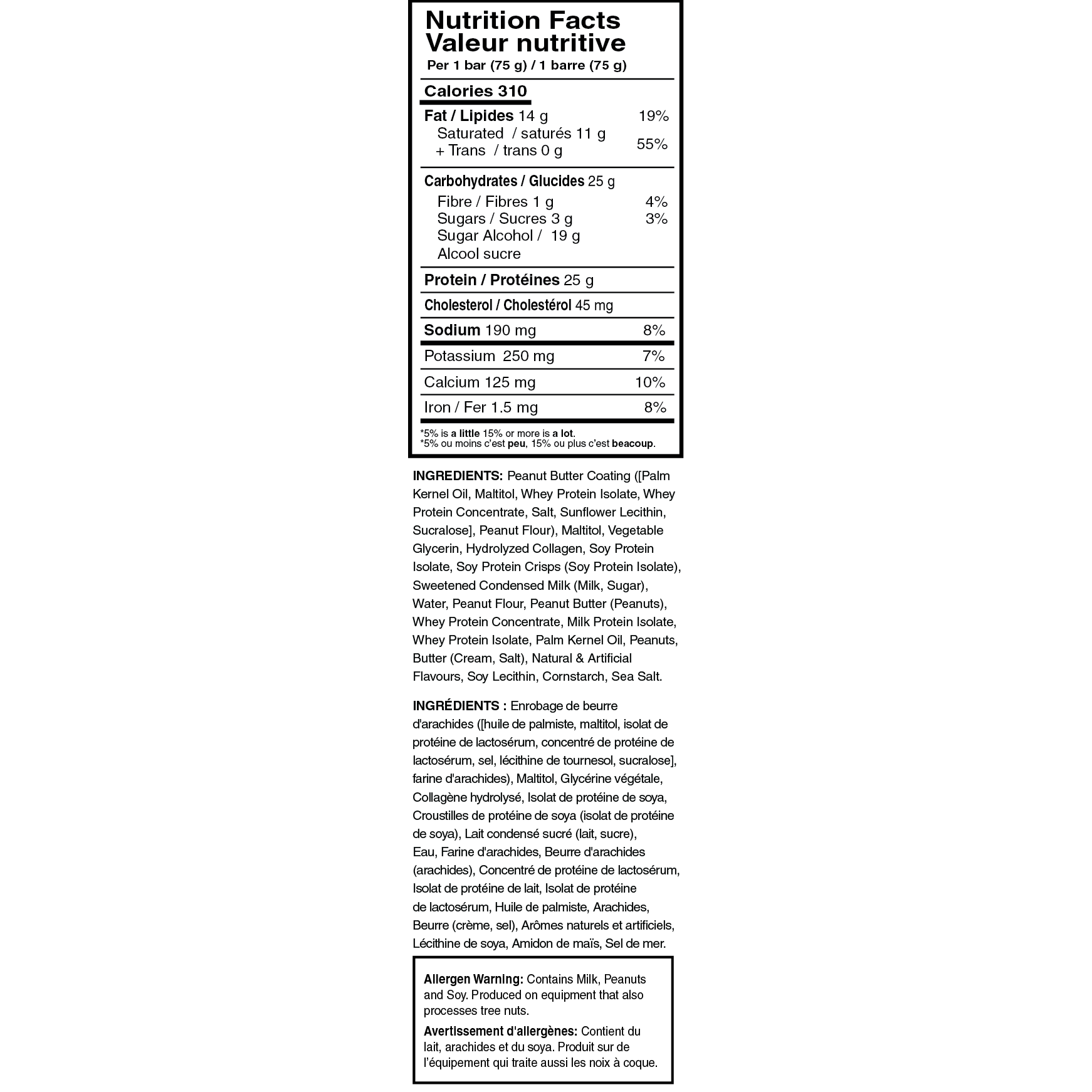 Mammoth GF 25g Protein Bar Nutrition Facts label