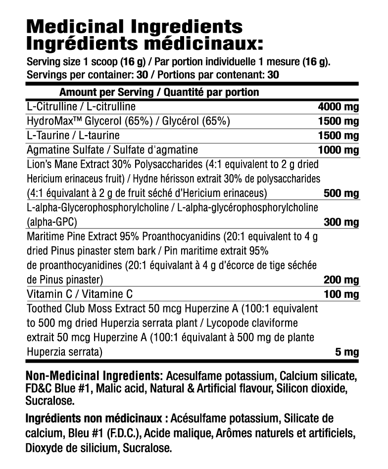 Mammoth Swell Caffeine Free Preworkout Supplement Facts label
