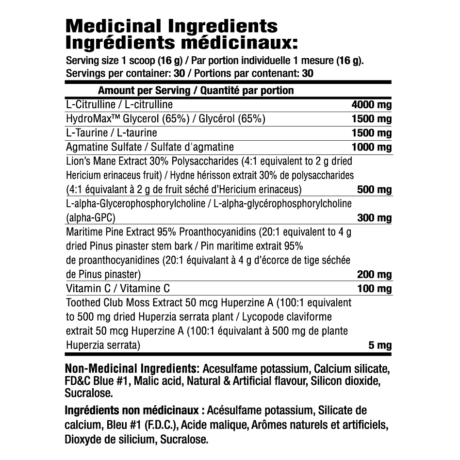 Mammoth Swell Caffeine Free Preworkout Supplement Facts label