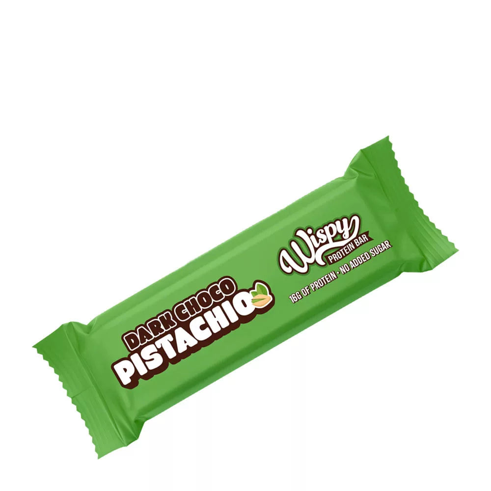 Wispy Dark Choco Pistachio low sugar protein bar, green wrapped bar front, 16g protein no sugar