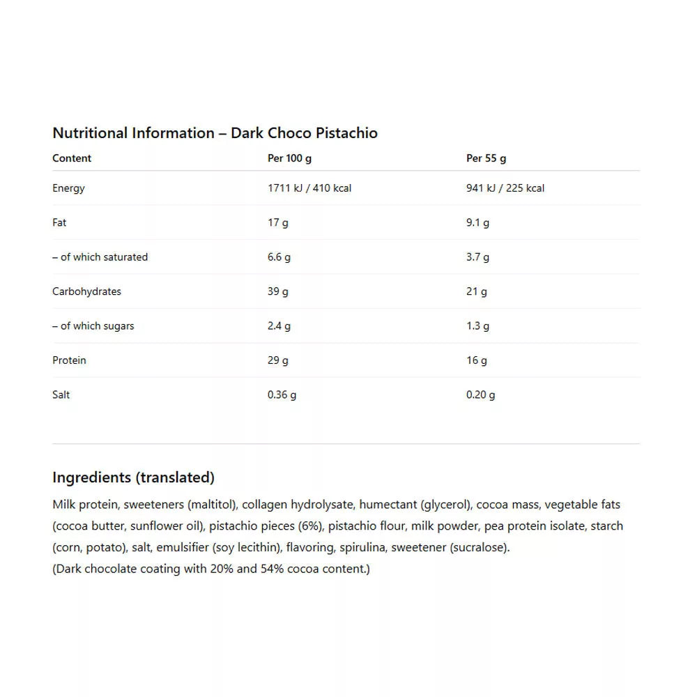 Wispy Dark Choco Pistachio protein bar Nutrition Facts panel, 225 kcal and 16g protein per bar