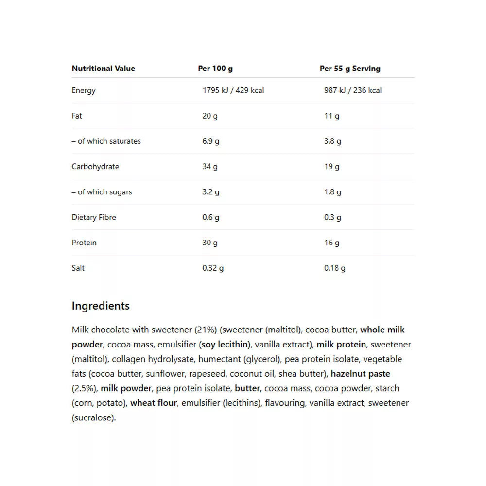 Wispy Creamy Crunch protein bar Nutrition Facts and ingredients panel, 16g protein per 55g bar