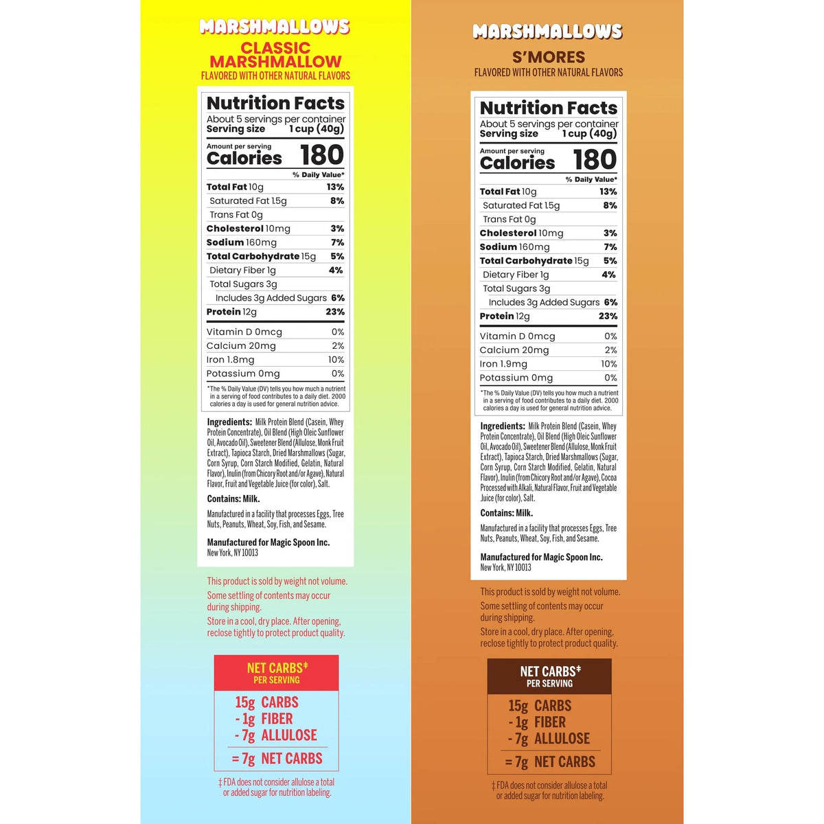 Magic Spoon Protein Cereal Nutrition Facts panels — Classic Marshmallow and S'mores, 180 calories per serving