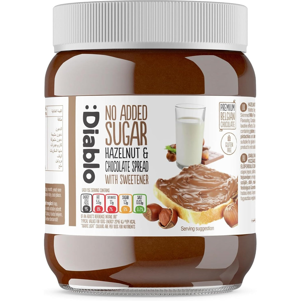 Diablo No Added Sugar Hazelnut & Chocolate Spread jar with white lid, premium Belgian chocolate, gluten free