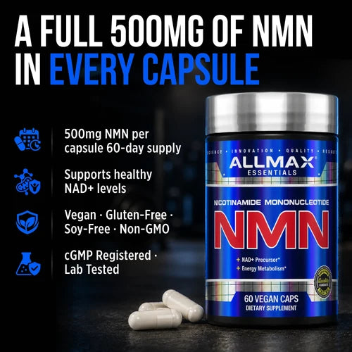 Allmax NMN — 500mg NMN per capsule, 60-day supply, supports healthy NAD+ levels, vegan and gluten-free