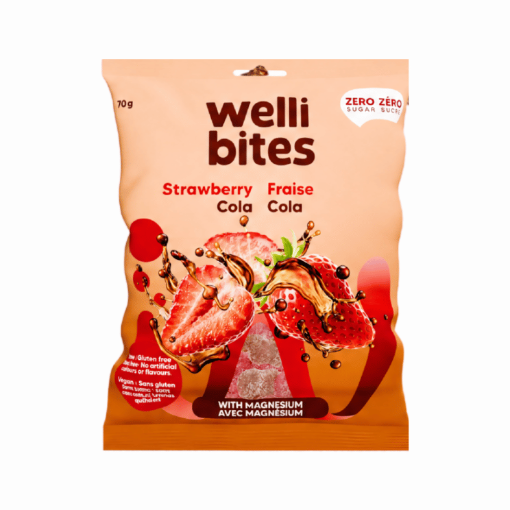 Wellibites Strawberry Cola sugar-free vegan sour gummies 70g bag – with magnesium
