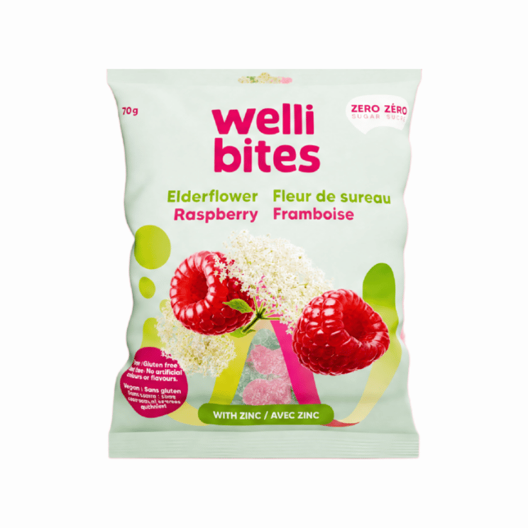Wellibites Elderflower Raspberry sugar-free vegan sour gummies 70g bag – with zinc
