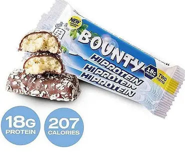 Bounty Hi-Protein Bar — coconut bar cross-section, 18g protein and 207 calories per bar