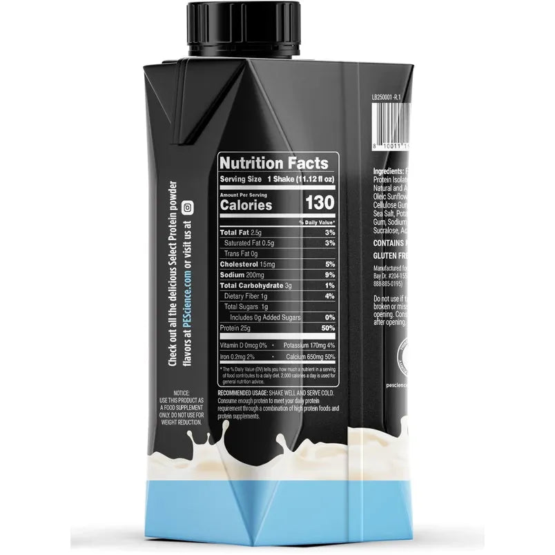 PEScience Select Protein Shake RTD — Vanilla carton Nutrition Facts panel