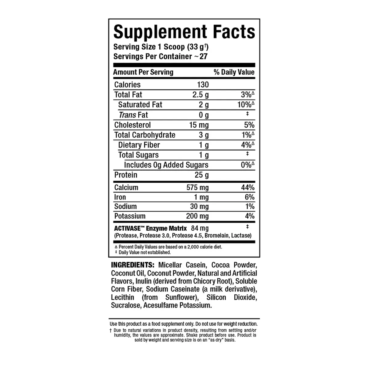 Allmax CaseinFX 2lb Chocolate — Supplement Facts panel. Per 1 scoop (33g): 130 cal, 2.5g fat, 3g carbs
