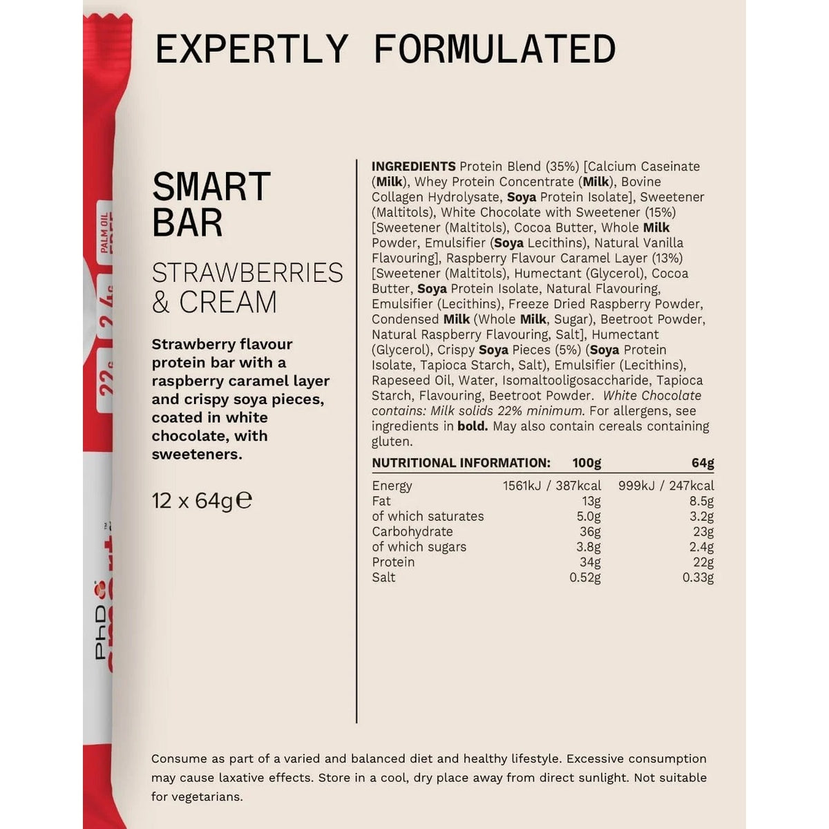 PhD Smart Strawberries and Cream protein bar Nutrition Facts and ingredients panel, 12 x 64g