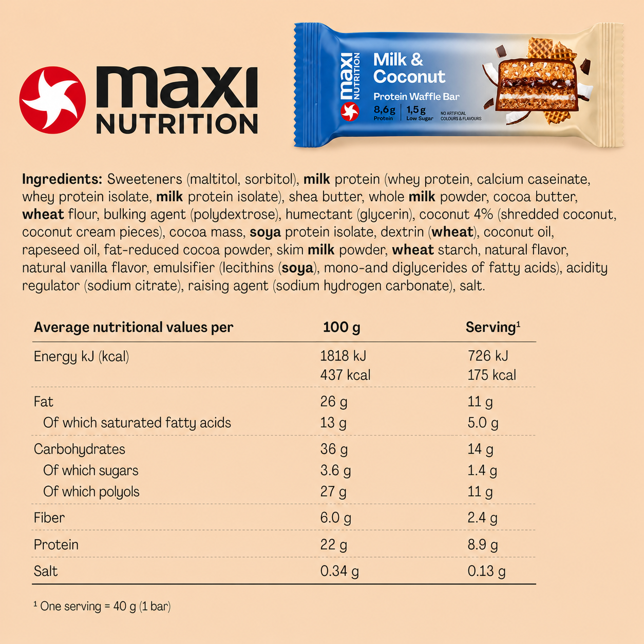 MaxiNutrition Milk & Coconut Waffle Bar Nutrition Facts label and ingredients — 8.6g protein per bar