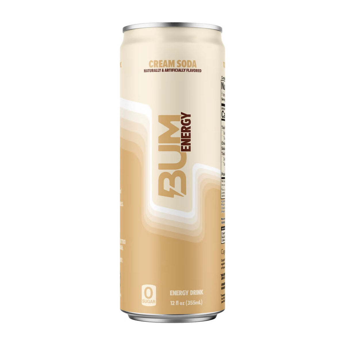 BUM Energy Cream Soda energy drink can — zero sugar, 112 mg natural caffeine, 355 ml (Canada)