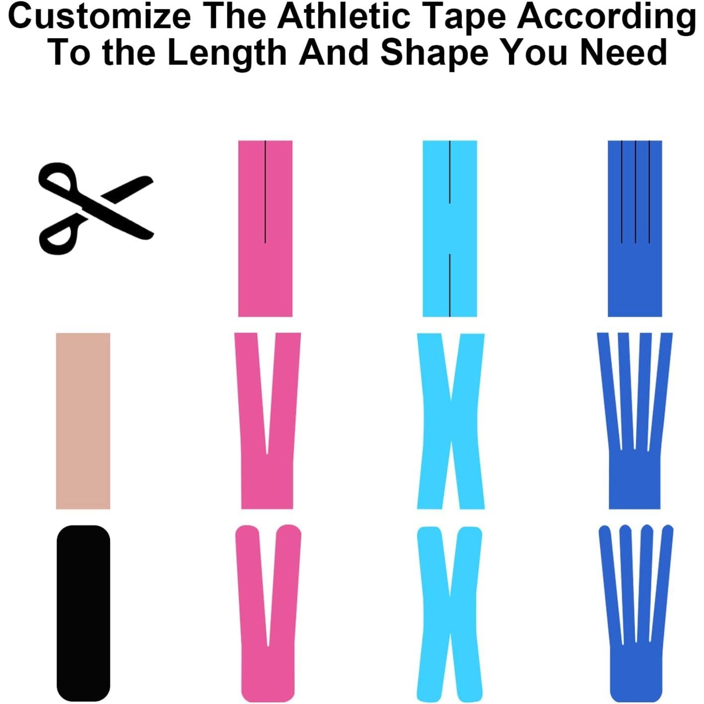 Kinesiology Tape (K-Tape) — cutting guide showing I, V, X and fan strip shapes for custom application