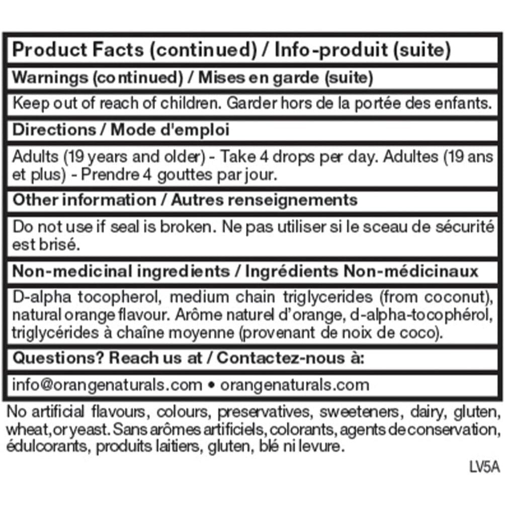 Orange Naturals D3+K2 Drops 250IU/30mcg (15ml), retail bottle