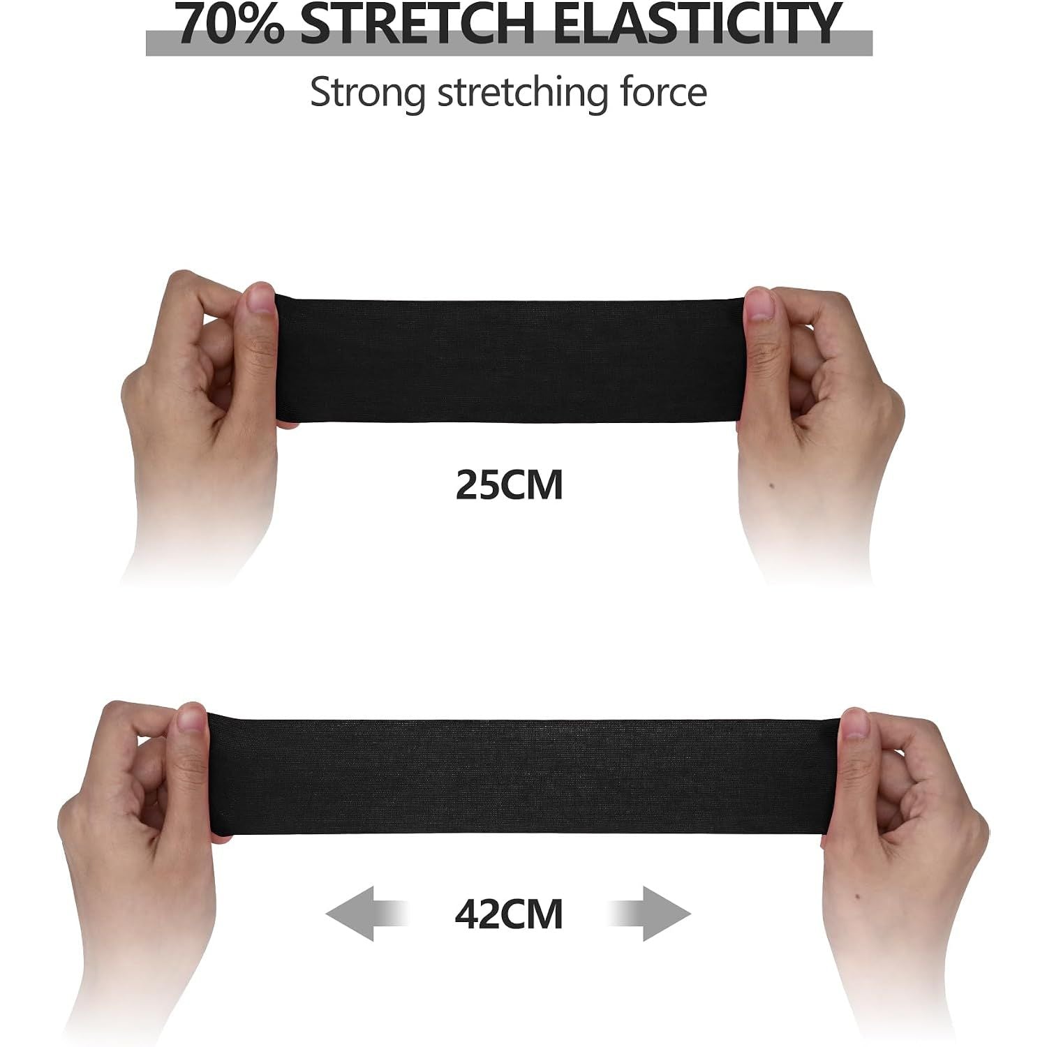 Kinesiology Tape (K-Tape) — 70% stretch elasticity demo, black strip stretching from 25cm to 42cm