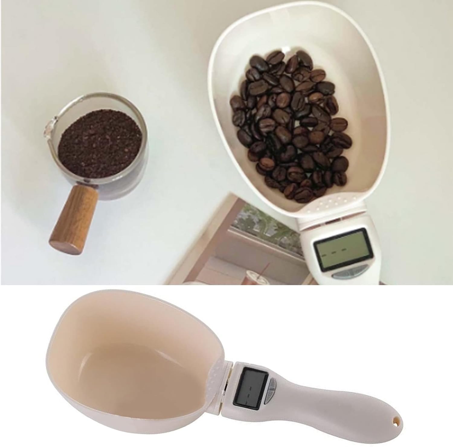 Digital measuring spoon scale holding a scoop of powder while showing the weight on the LCD display