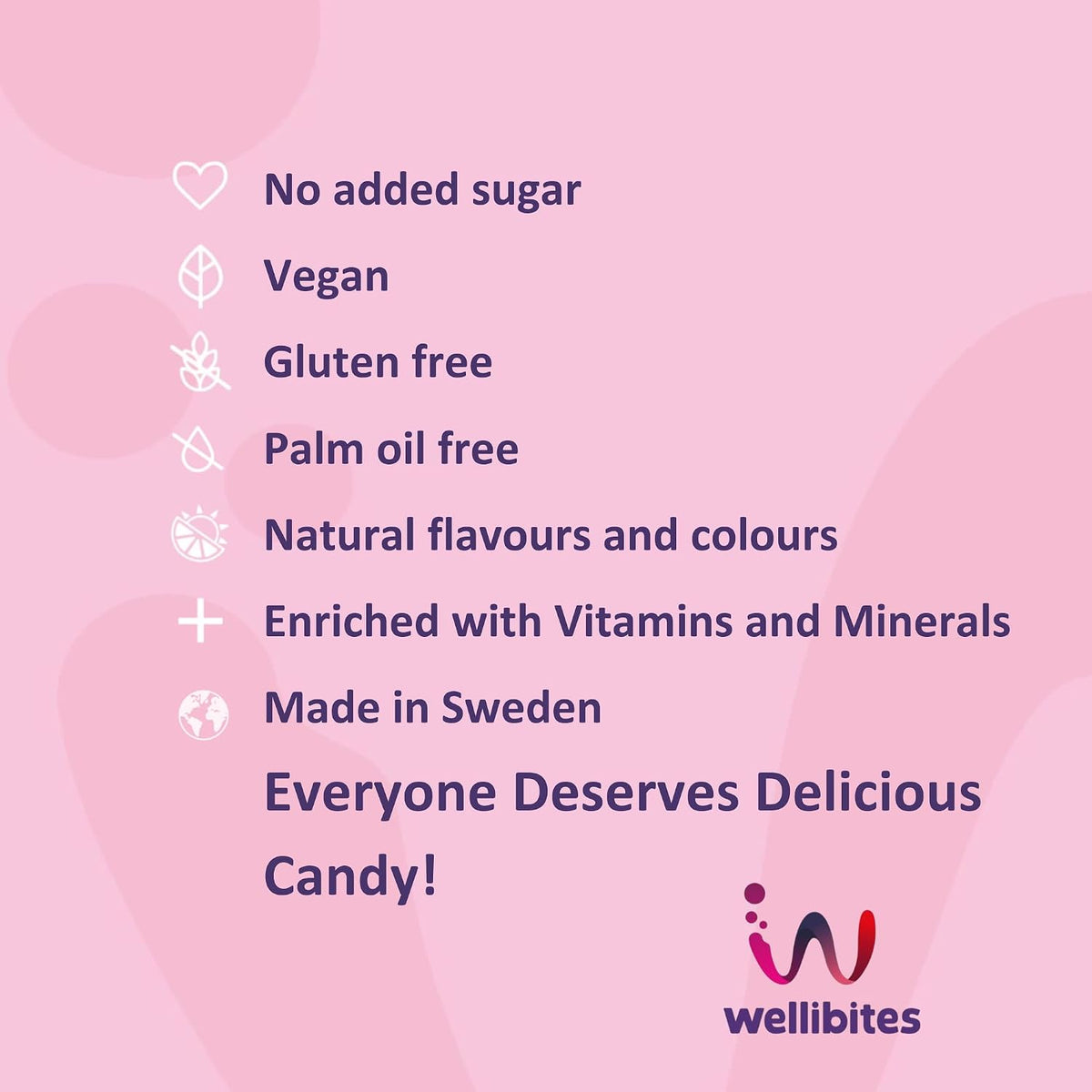 Wellibites benefits – no added sugar, vegan, gluten free, palm oil free, natural flavours and colours, enriched with vitamins and minerals, made in Sweden